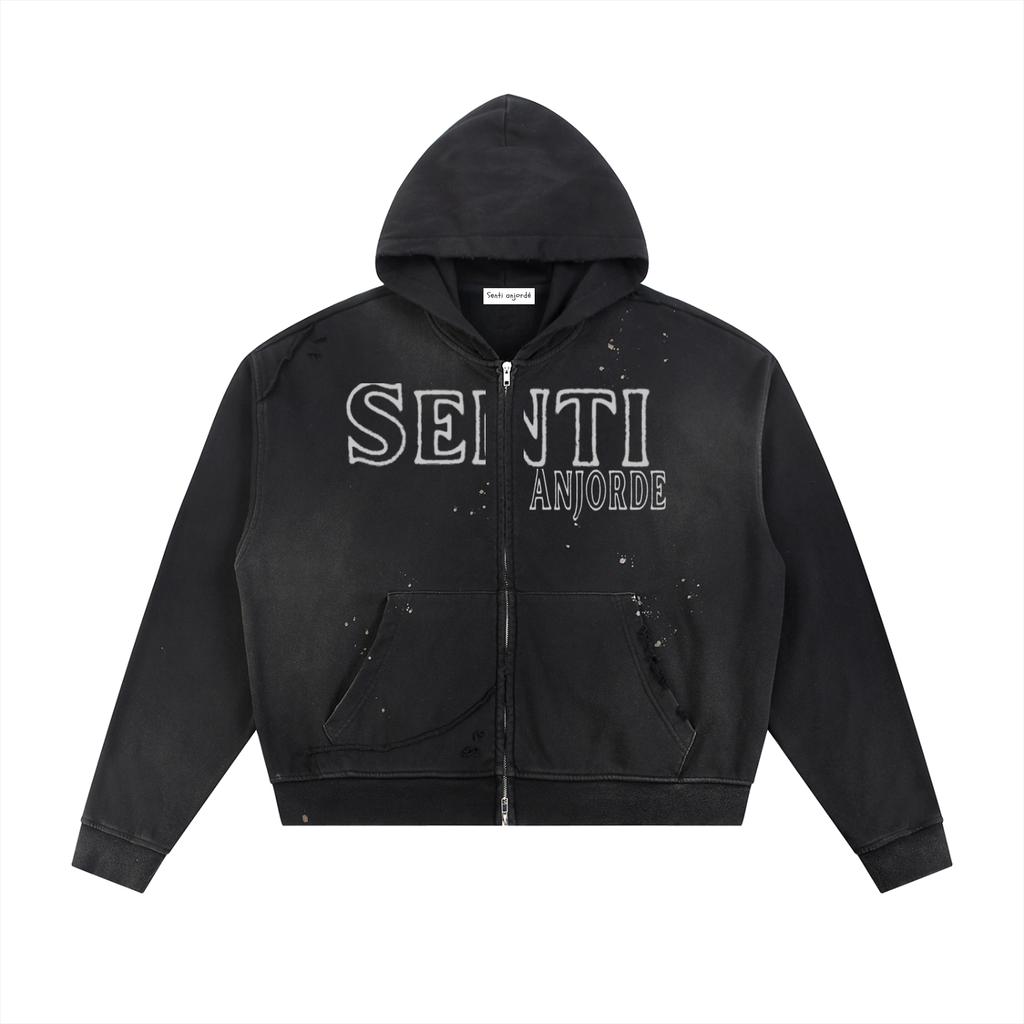 Senti Anjordé Sun Fade Frayed Raw Edge Fleece Zip Hoodie